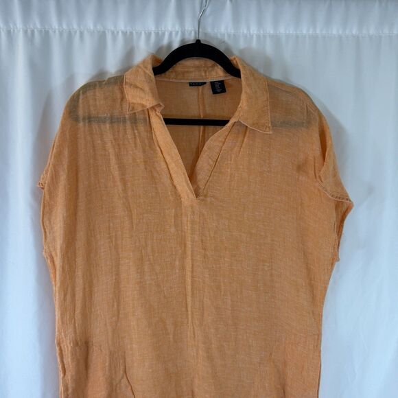 Tahari Linen Blend Midi Dress Women's Medium Orange Orange Short Sleeve Collared - Picture 2 of 11